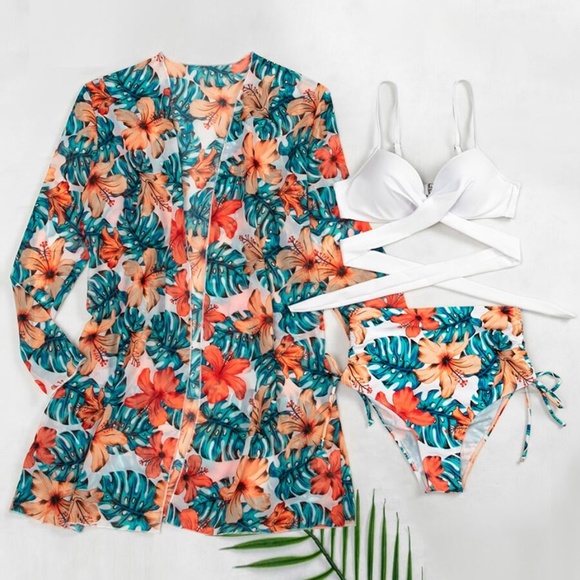 3 piece floral print leaves bikini kimono set - Picture 4 of 5